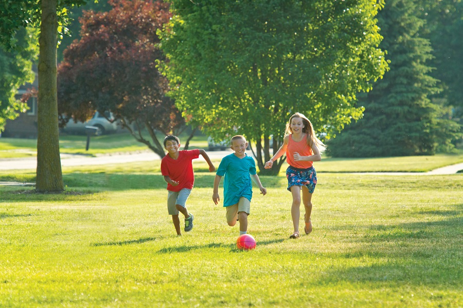 Siblings running in the grass