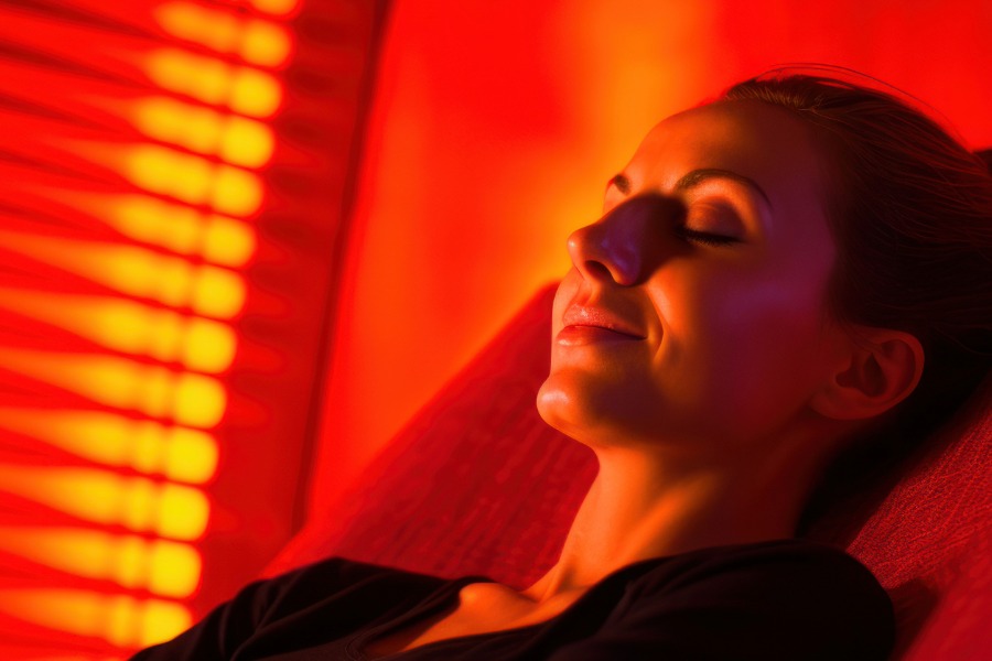 woman relaxing under a red light