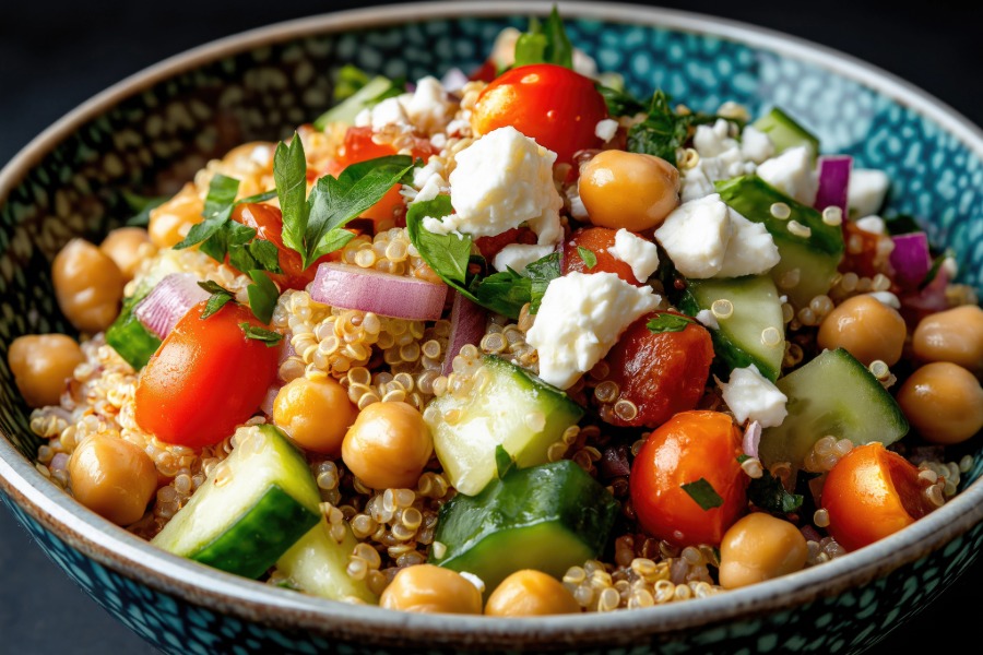 bowl of quinoa, cucumbers, and tomatoes