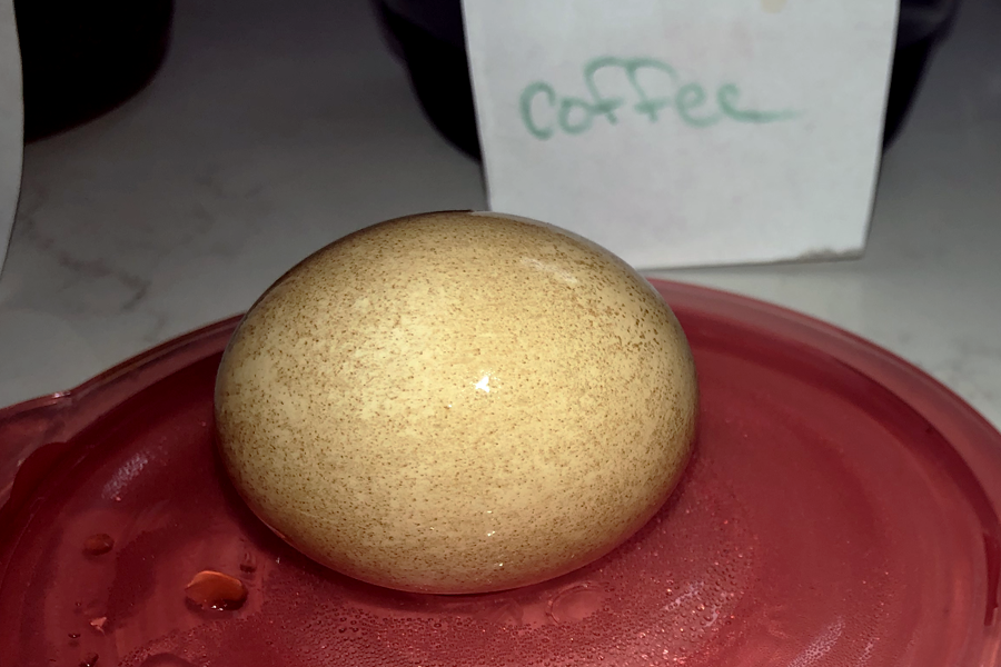 An eggshell is stained dark brown after soaking in coffee overnight.